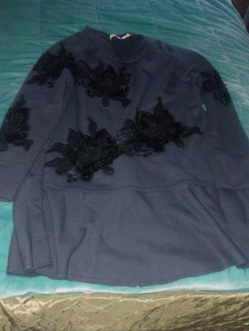 Embroidered Navy Blue Women's Sweatshirt Top By Soft Surroundings